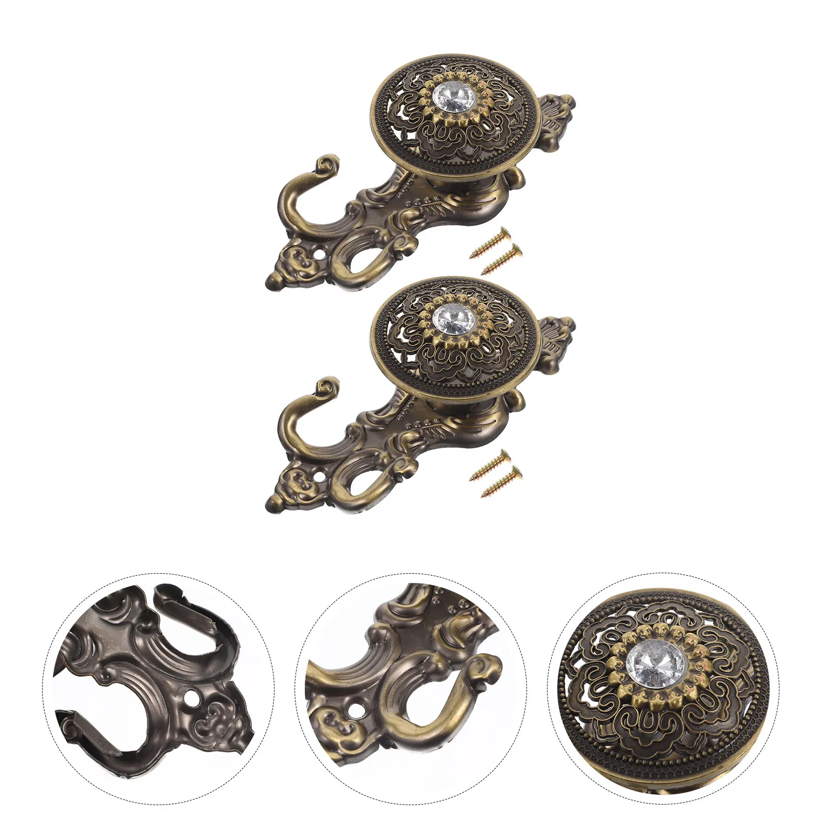 2Pcs Classic Rhinestone Curtain Hooks Vintage Alloy Decorative Hangers for Shower Bathroom Window Curtains Bedroom Living Room