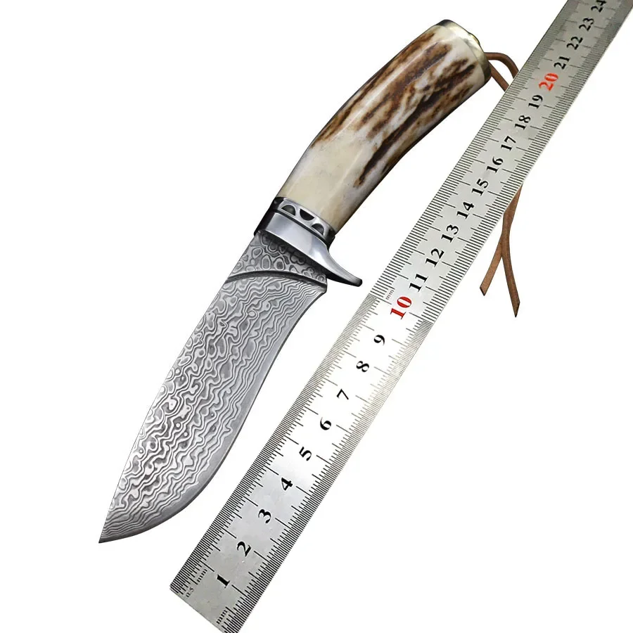 Damascus Steel Outdoor Camping Survival Straight Knife Deer Horn Handle Hunting Fixed Blades Knife Self Defense Tool with Case