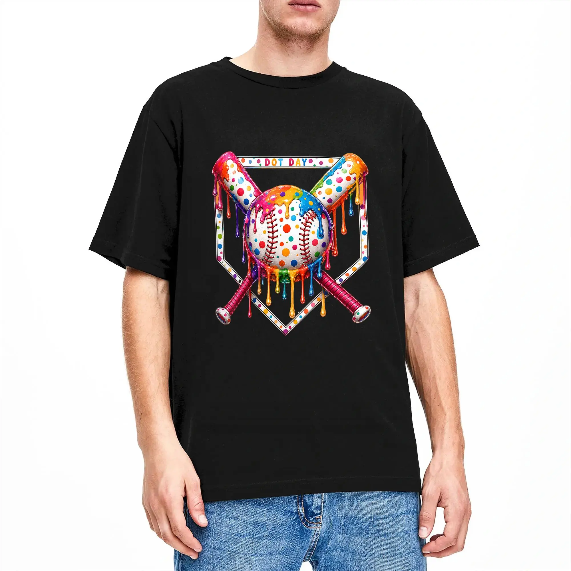 Dot Day Baseball Colorful Dots Art T Shirt  Fashion T-Shirts Short-Sleeved Aesthetic Tops Summer 100% Cotton Plus Size Clothes