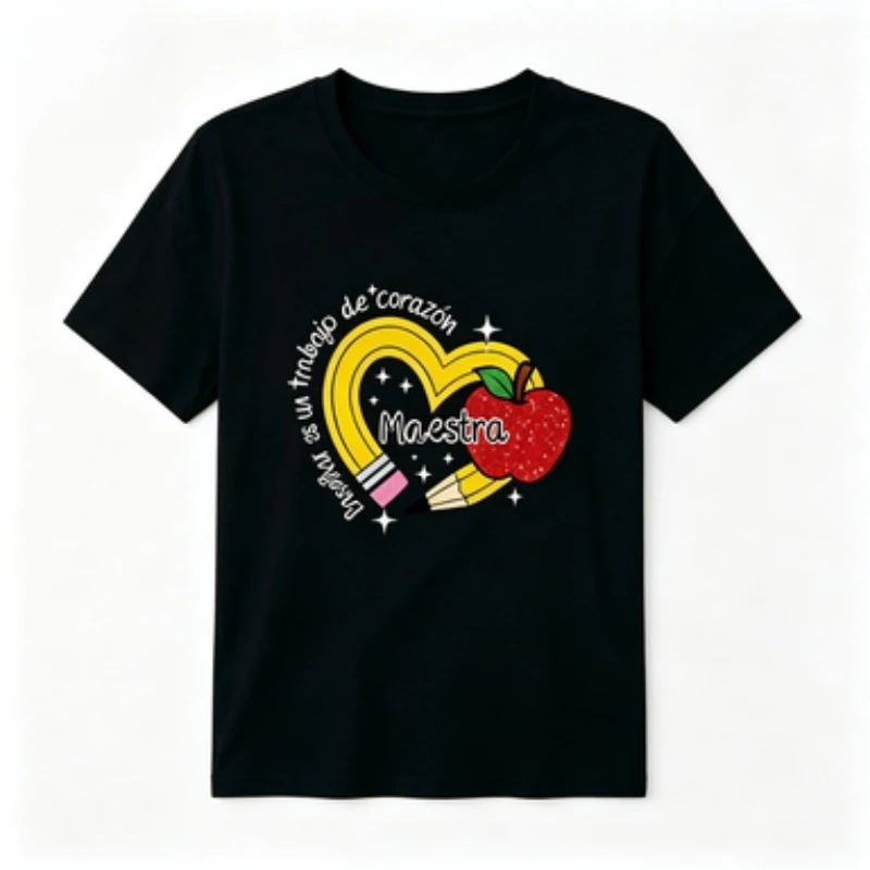 T-Shirt Spanish Teacher Maestra Quote Graphic Curved Heart Pencil Apple Design Casual Short Sleeve Ladies Back To School  Tee