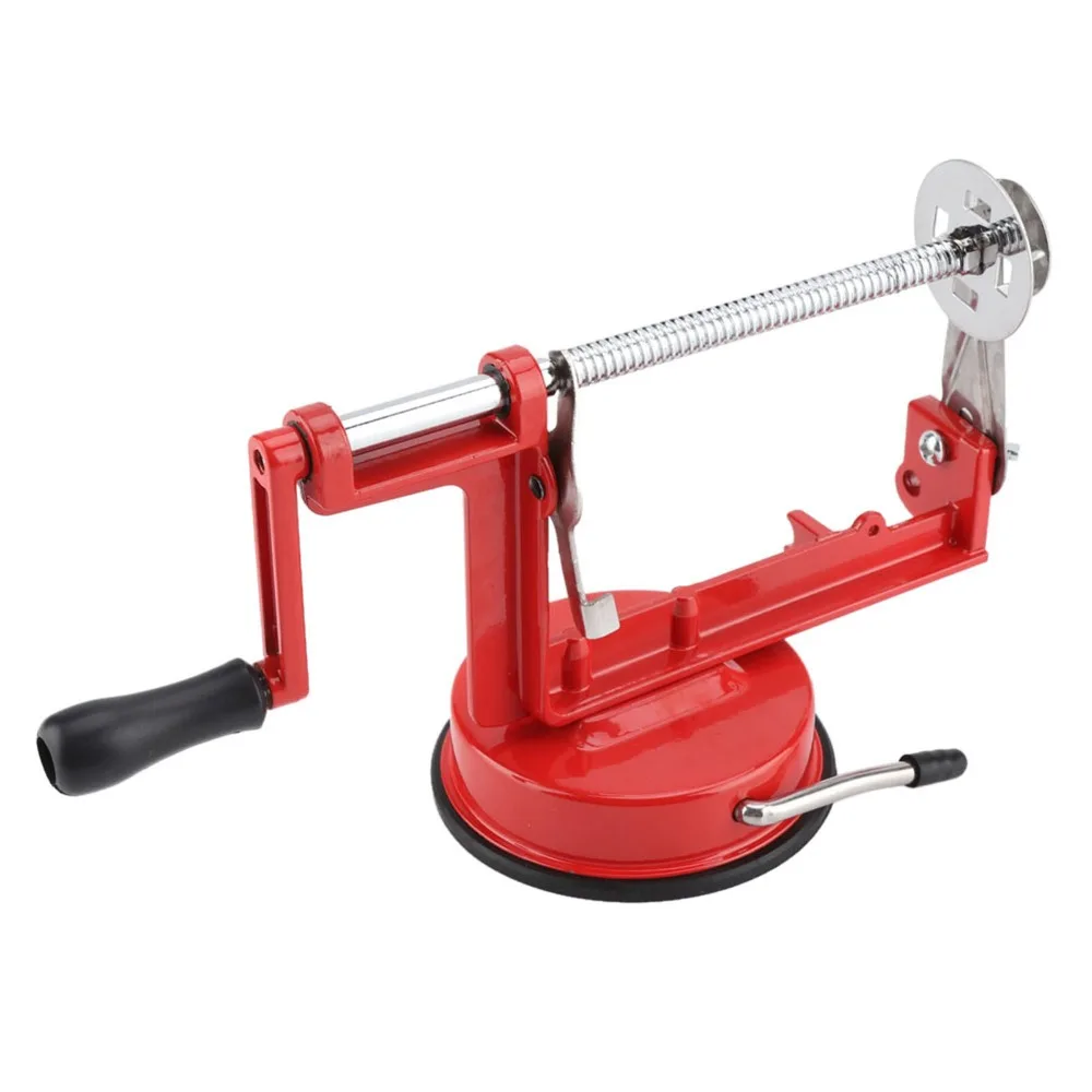 Alloy Stainless Steel Rubber Spiral Potato Cutter Red + Silver Hand Crank Curly Fries Cutter Manual Suction Base
