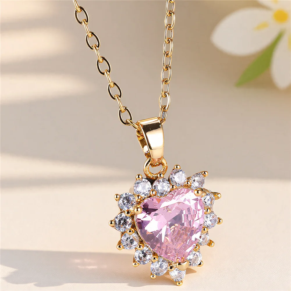 Collar con colgante de corazón de amor de piedra rosa de circón de cristal para mujer, joyería de boda de Color dorado Vintage para mujer