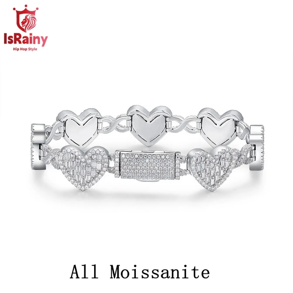 IsRainy Heart All Moissanite GRA Certified Diamond Cuban Chain 925 Sterling Silver Bracelets For Women Men Cocktail Fine Jewelry