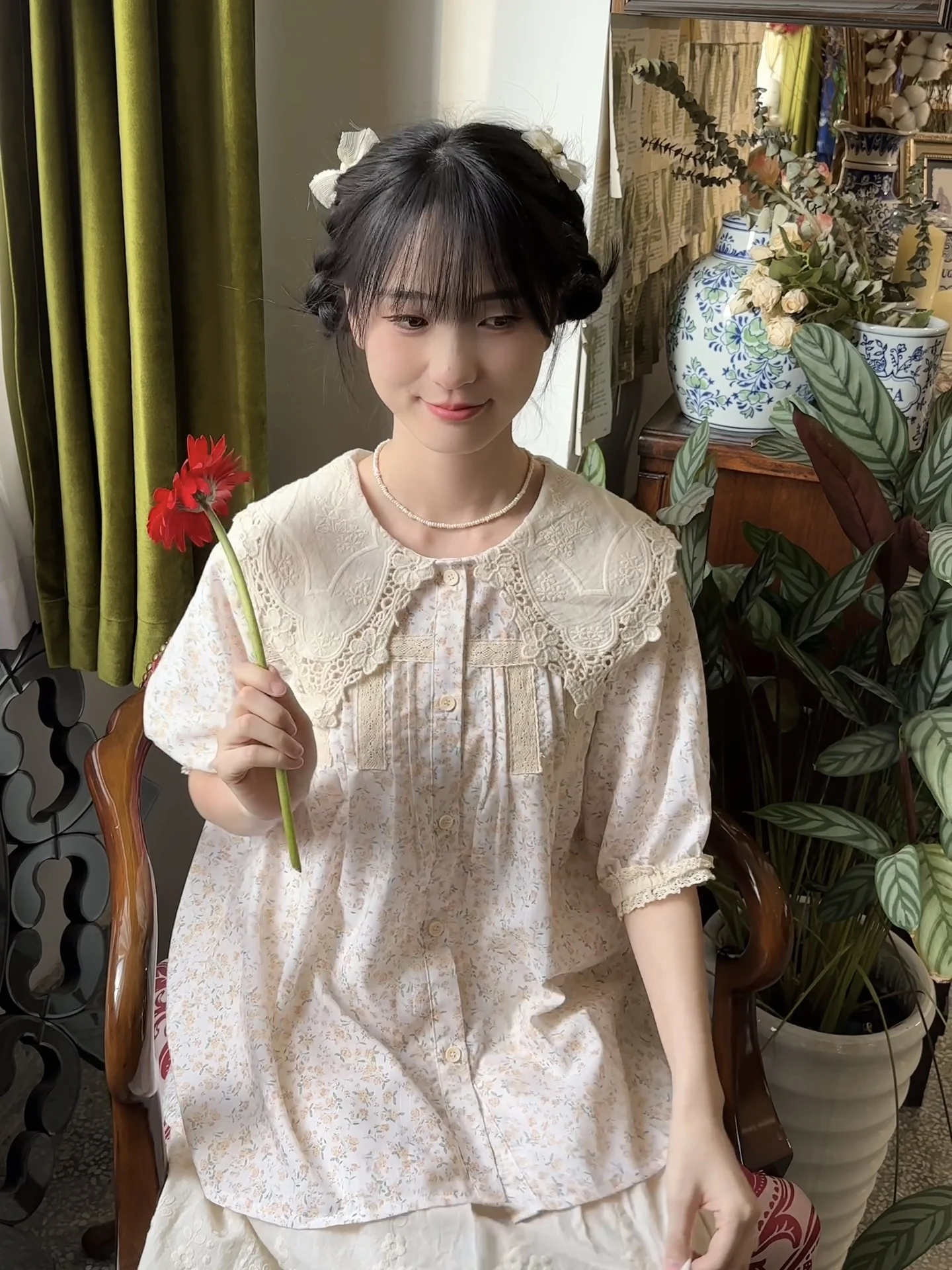 

Японская свободная миди-рубашка с цветочным принтом, оборками на воротнике, кружевом, коротким рукавом, летняя, винтажная, хлопковая, в стиле Sweet Forest Girl