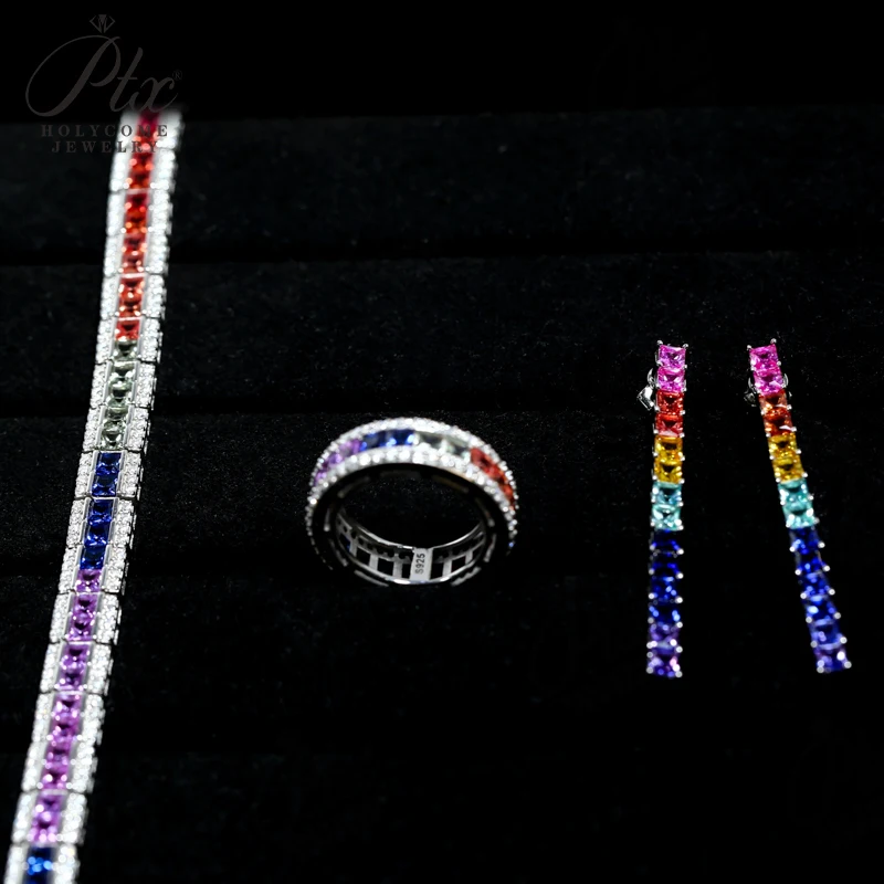 3x3mm リング イヤリング ブレスレット ジュエリーセット プリンセス ブリリアントカット ラボグロウン宝石 925 スターリングシルバー チャーム 記念日ギフト