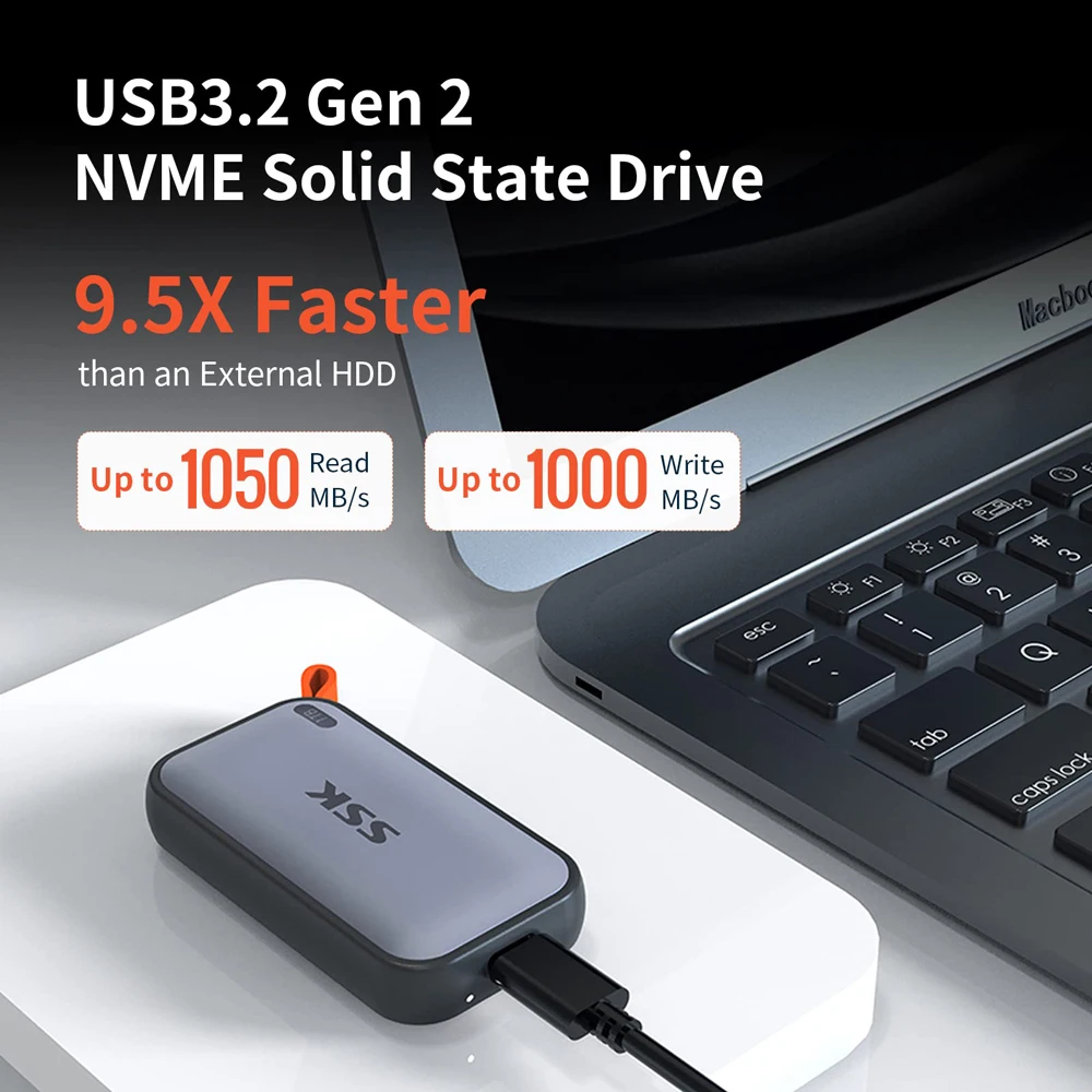 SSK Portable SSD 2TB External Solid State Drives 1050MB/s Type-C SSD 1TB External Hard Drive USB 3.2 Gen2 for MacBook Laptop