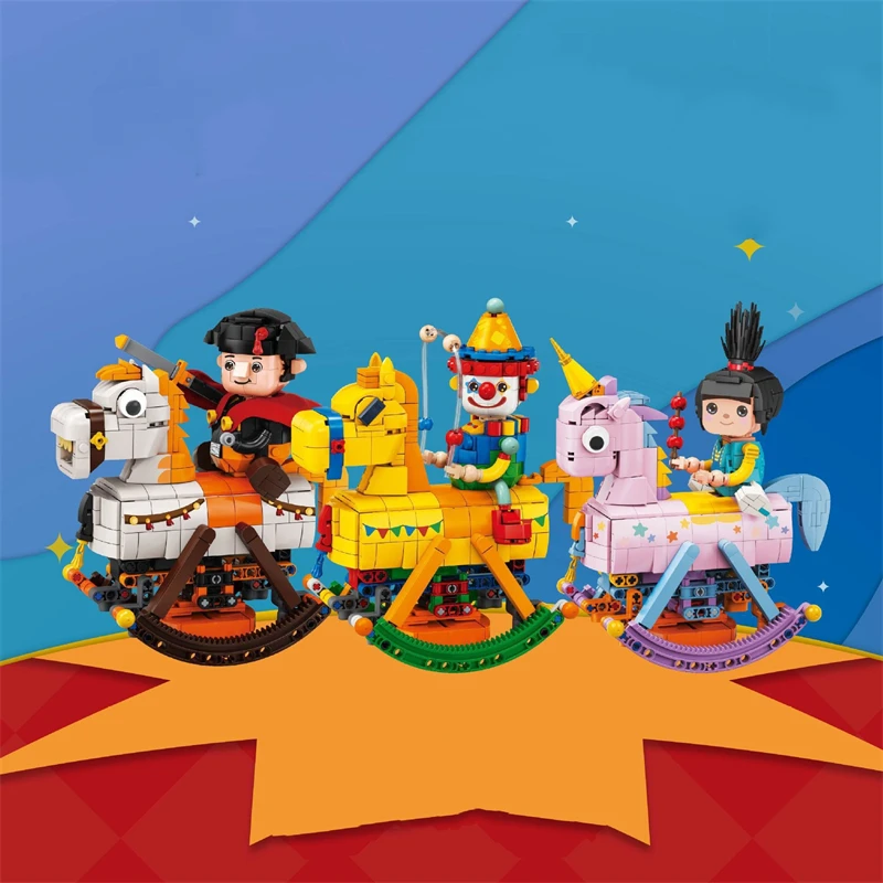 

Rocking horse building blocks knight clown assembled model ornaments kawaii girlfriend birthday gift educational children's toys