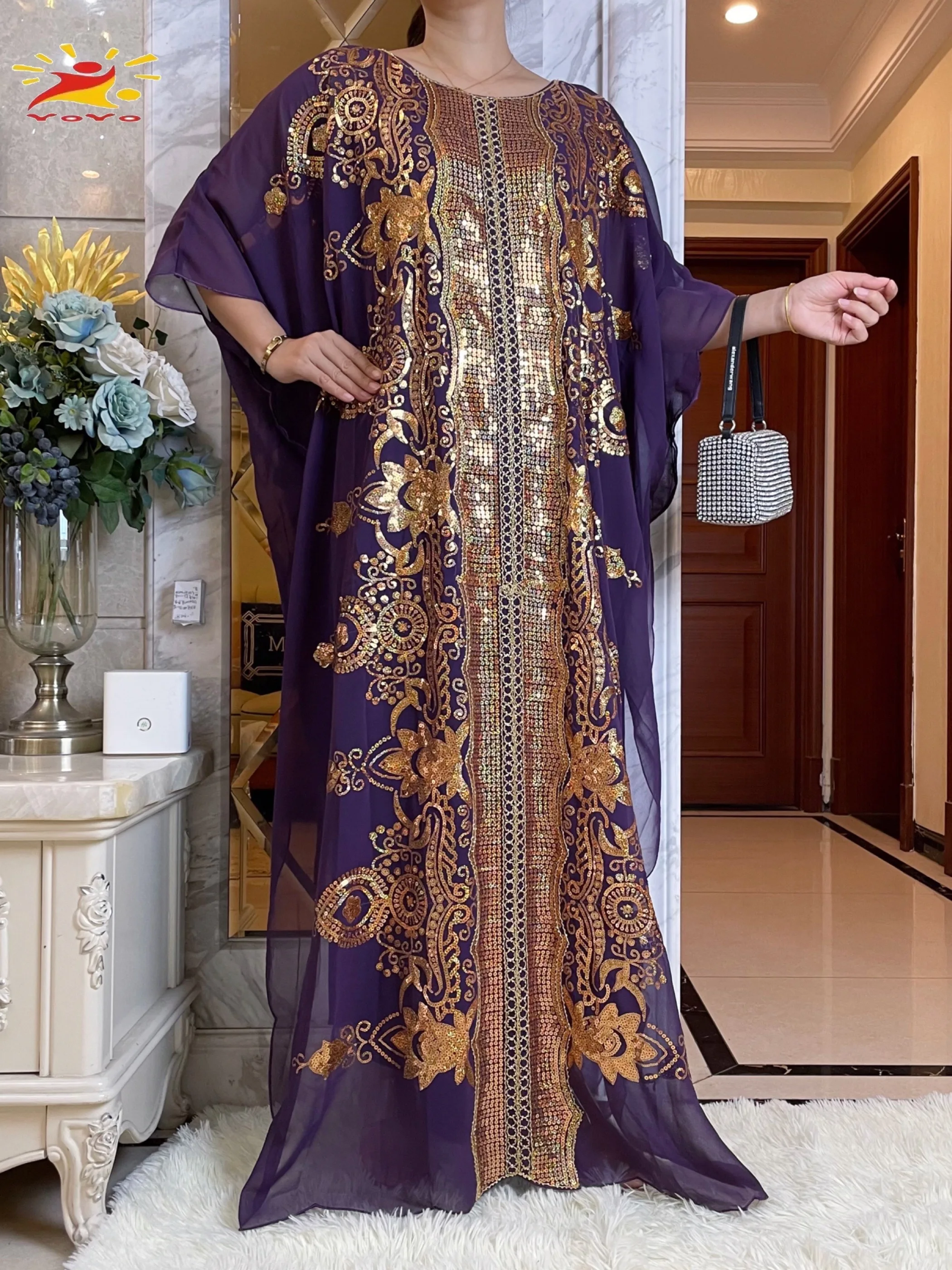 2023 New African Abaya Middle East Loose Large Size Chiffon Elegant Temperament Sequined  Spring Traditional Ethnic Style Dress