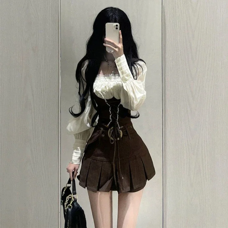 

Винтажные поддельные топы из двух предметов, облегающие топы с рукавами-фонариками, женские юбки трапециевидной формы с высокой талией и рюшами Y2k, новые комплекты 2023 года