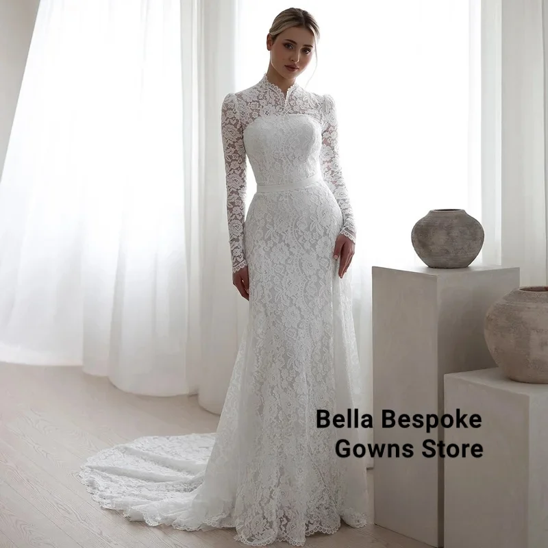 

Saudi Arabian Wedding Dress High Neck Customized Court Train Mermaid Bridal Gown Lace Bride Dresses Custom Size Robe Mariage