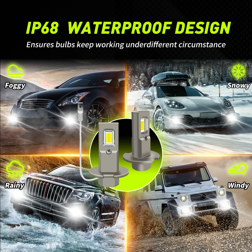 2Pcs H3 LED Car Headlights Bulbs Fanless Fog Lamps H3 Daytime Running Light Super Bright Fog Lamp Lights 6000K 12V