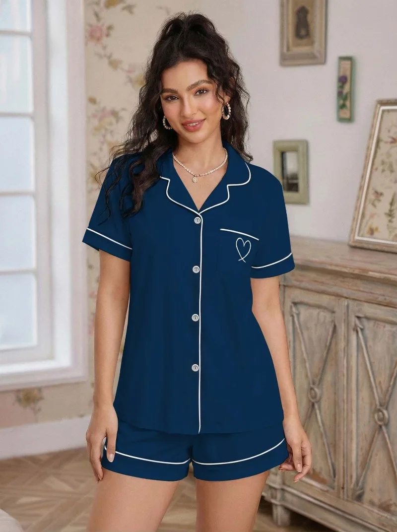 Summer Fashion Simple Pajamas Women's Loungewear Set Cardigan Short Sleeve Shirt Shorts