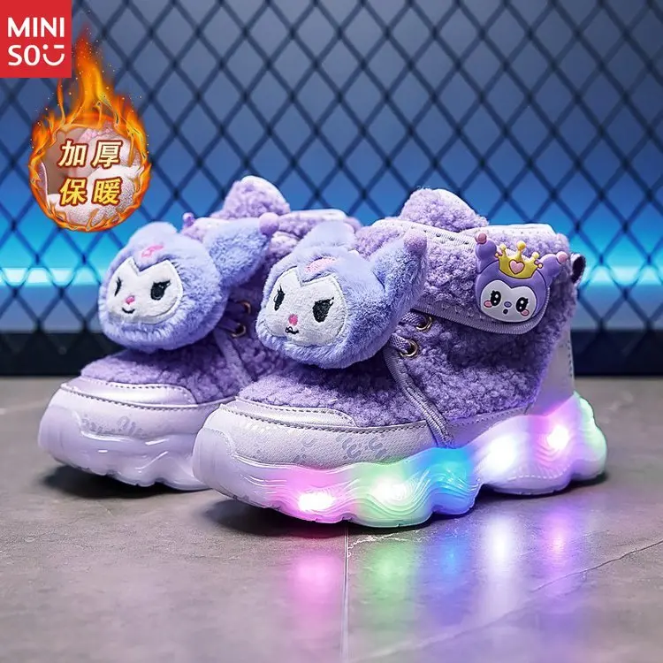 

2025 г., зимние ботинки с подсветкой для девочек Kuromi, зимние туфли принцессы с высоким берцем и мягкой подошвой
