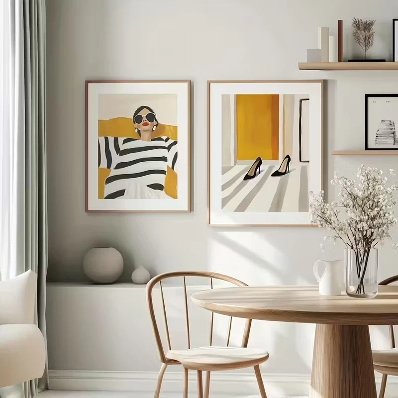 

2pcs Female Portrait Shoe Canvas Poster Minimalist Modern Art Abstract Wall Art Black White Striped High Heels Yellow Fashion