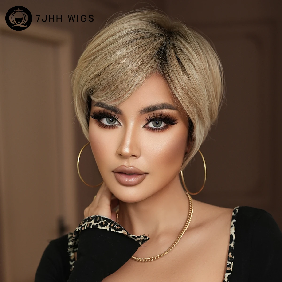 

Короткий прямой парик золотого боба с стрижкой пикси для женщин, синтетические парики высокой плотности для повседневного использования с корнями доктора, подходят для начинающих