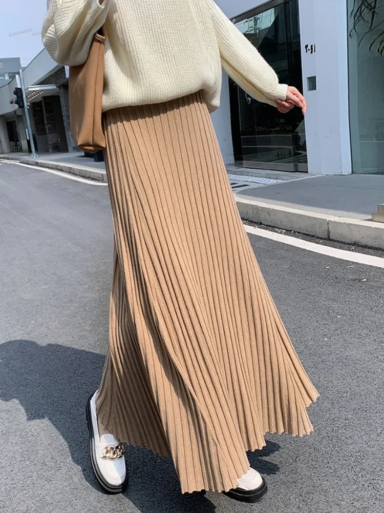 Autumn Winter Women\'s Long Skirt High Waist Knitted A-line Pleated Skirt Ladies Elegant Solid Gray Loose Casual Skirts for Women