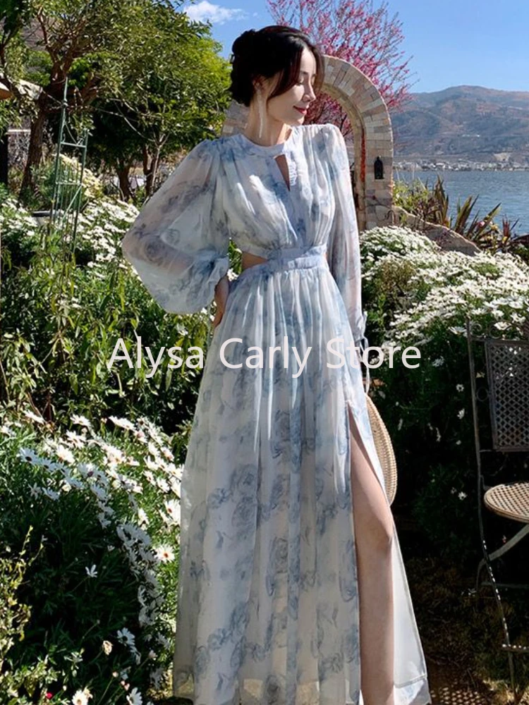 Causal Vintage Hollow Out Floral Dress Women 2023 Autumn Chiffon Elegant Long Split Dress Female Korea Beach Evening Party Dress