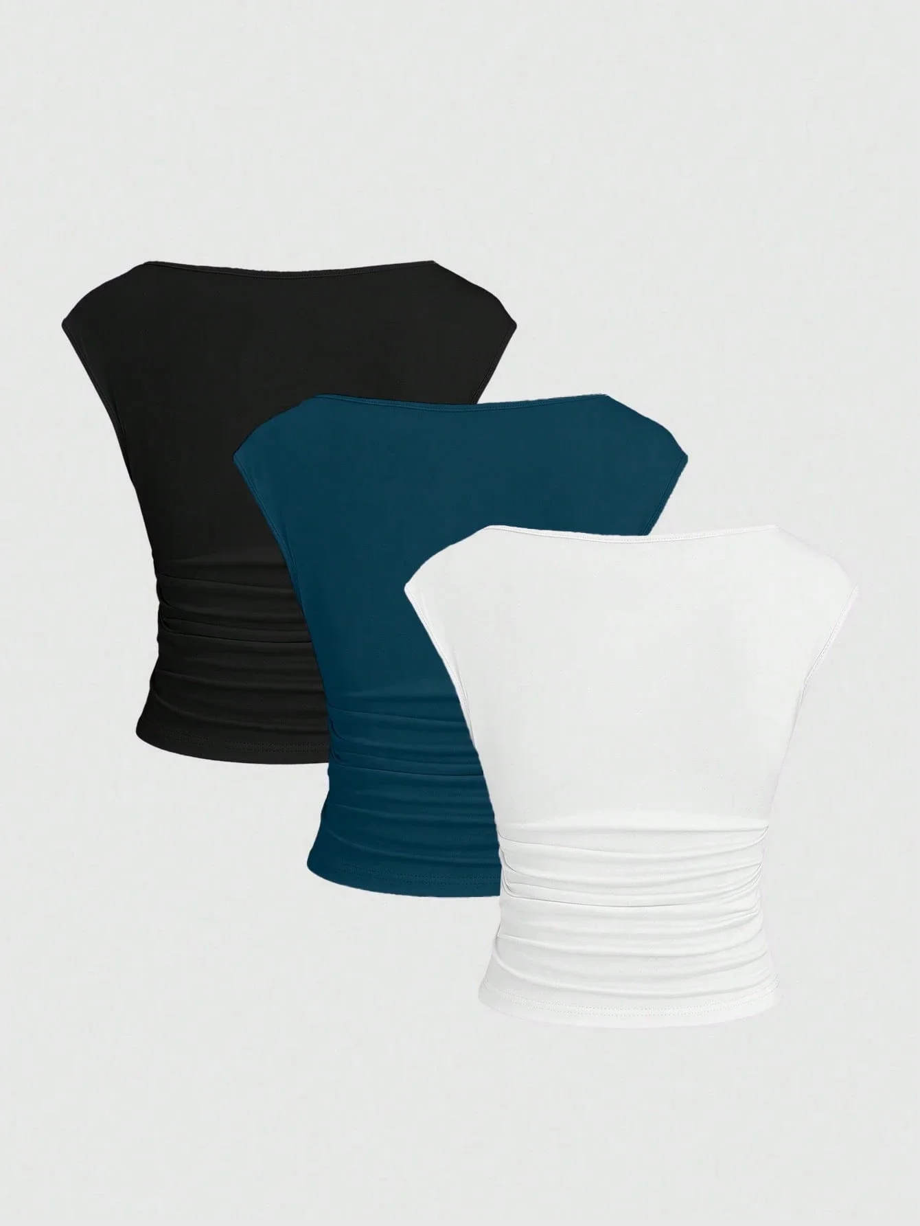 

3pcs Set Women's Fitted Short Sleeve Crop Top Solid Color Sexy Ruched Waist