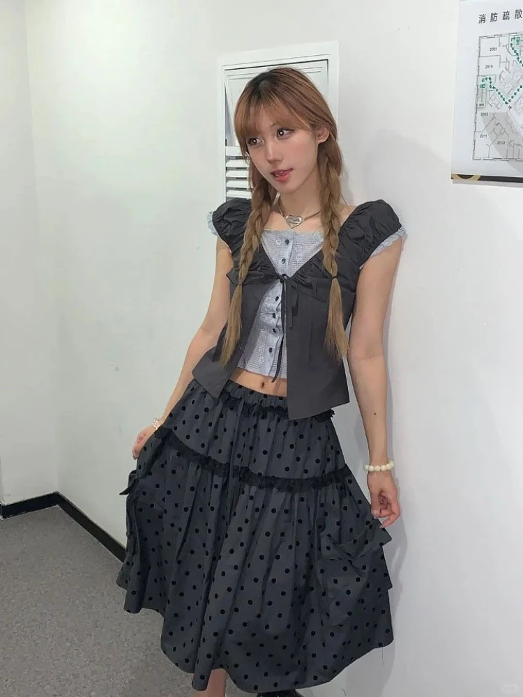 New Vintage Aesthetic Grey Design Polka Dot Skirts Women American Retro Cute Skirts Japanese A-line Lace Fashion Casual Clothes