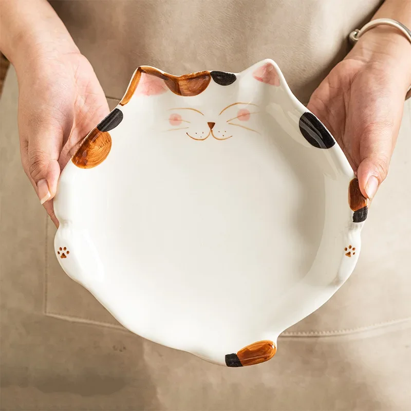 Pastoral Cat Dish Japanese Ceramic Dish Cute Cat-shaped Plates Fruit Salad Plate Underglaze Color Bowl