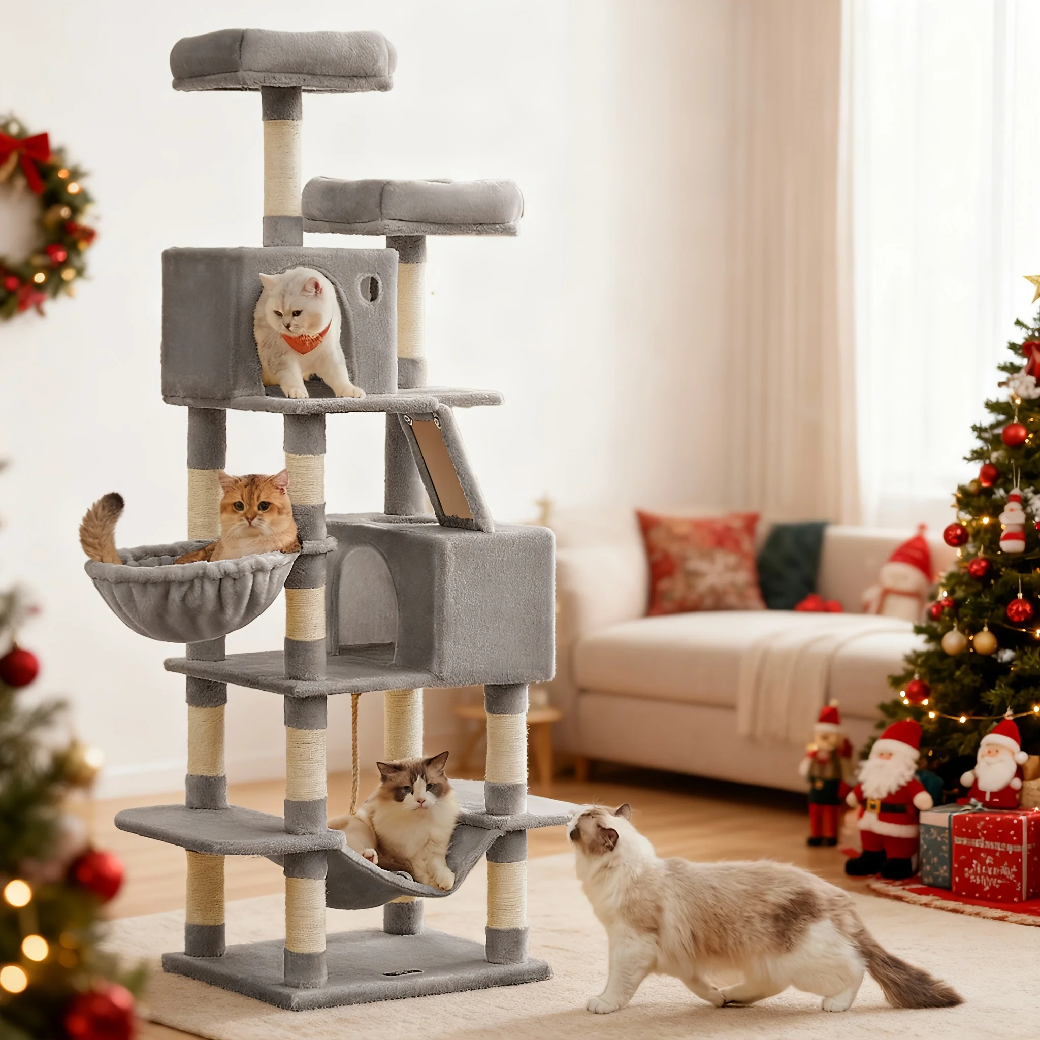 66in/44.1in Cat Tree for Indoor Cats, Cat Tower, Multi-Level Cat Condo Cat Furniture with 4 Scratching Posts, 2 Perches, Hammock