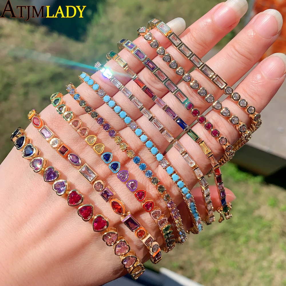 

2024 New Fashion Gold Color Colorful Rainbow Bracelet 5A Cubic Zirconia CZ Enamel Geometric Tennis Chain Bangle Women Jewelry