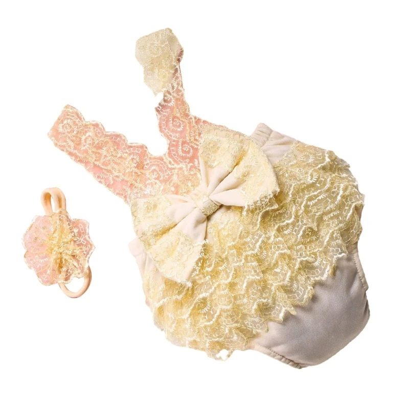 2pieces Baby Photography Props Lace Dress Flower Headband Photoshooting Outfit Dropship