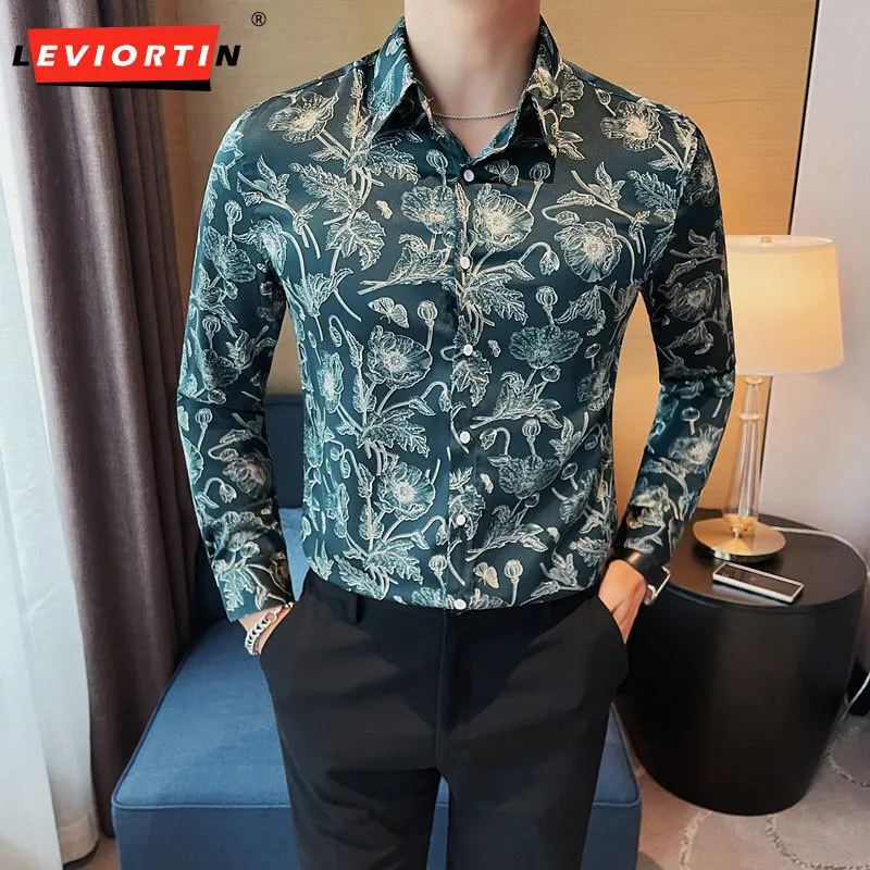 

2023 New high-end men's versatile long sleeved shirt casual fashion trend floral ruffian handsome Korean slim fitting shirt 4xl