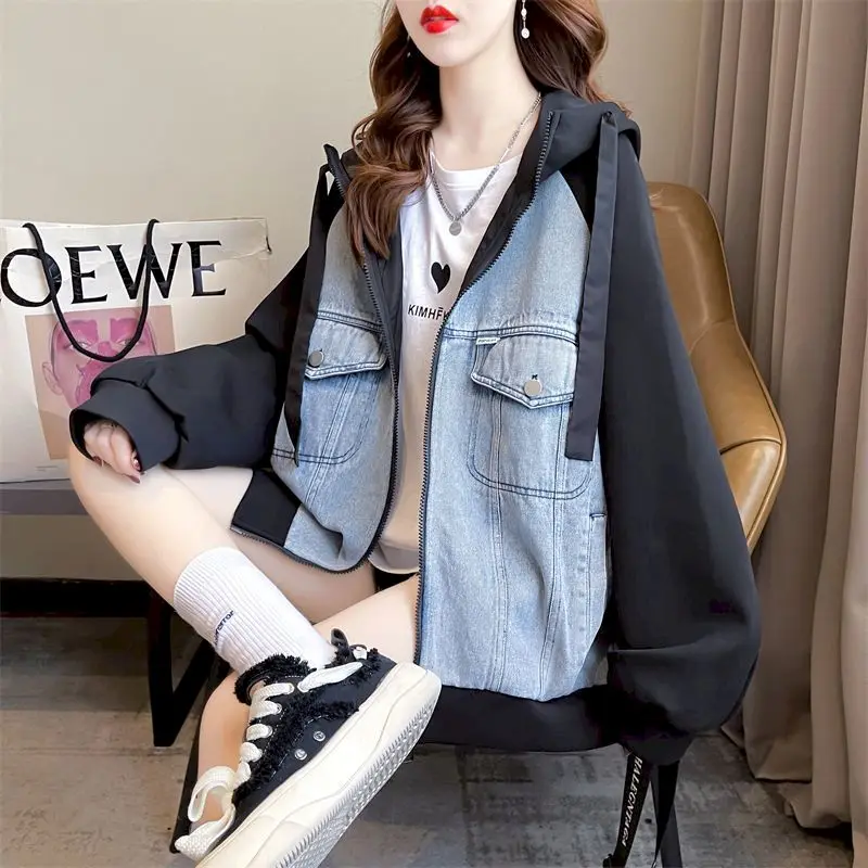 Fried Street Hoodies Women Fashion Design Sense Denim Stitching Hooded Jacket Spring Autumn Trend Cardigan Coat Korean Loose Top