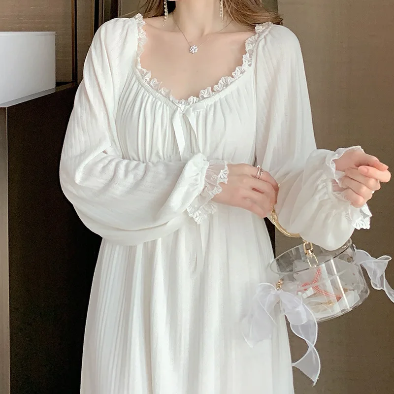 Casual Sweet Long Sleeve Women\'s Home Dress Spring Autumn Sleepwear Lace Slim Ladies Nightdress Knitted V Neck Nightgowns