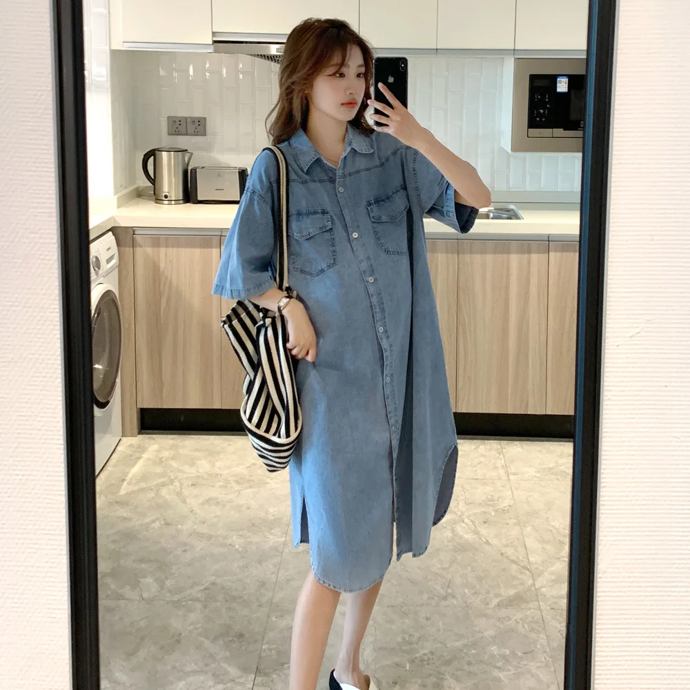 Summer New Maternity Skirt Fashion Style Loose Large Size Dress Go Out Can Be Lactation Denim Shirt Skirt Tide