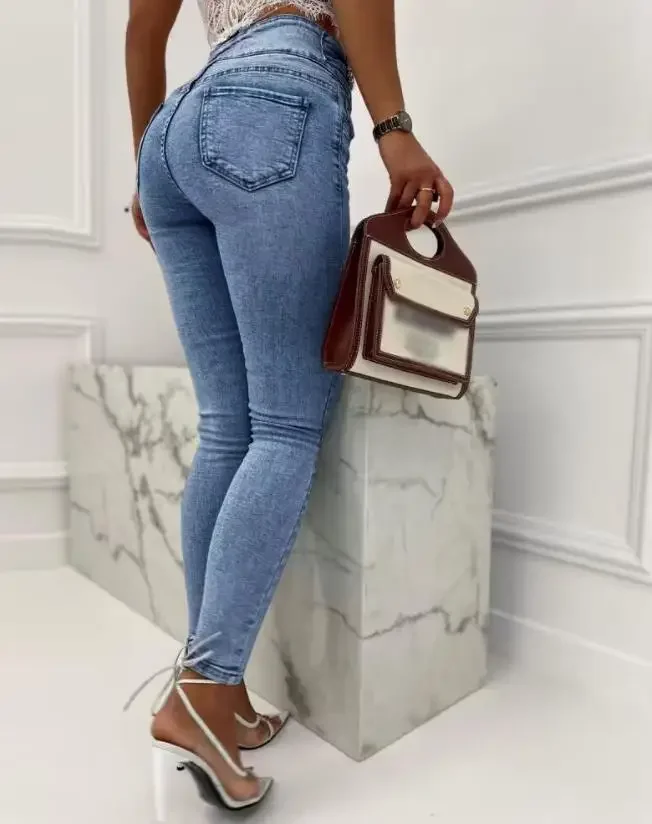 Women's High Waist Skinny Jeans Slight Stretch 2024 Summer Fashion New Plain Pearls Decor Buttoned Denim Pants Female