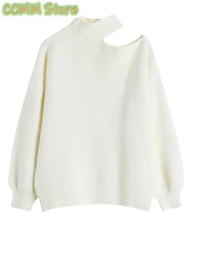 

Gray Off Shoulder Knitting Sweater Turtleneck Long Sleeve Women Pullovers Fashion Tide Spring Autumn