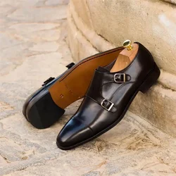 Men Monk Shoes Brown PU Square Toe Three-stage Double Buckle Fashion Business Casual Wedding Party Dress Shoes Size 38-48