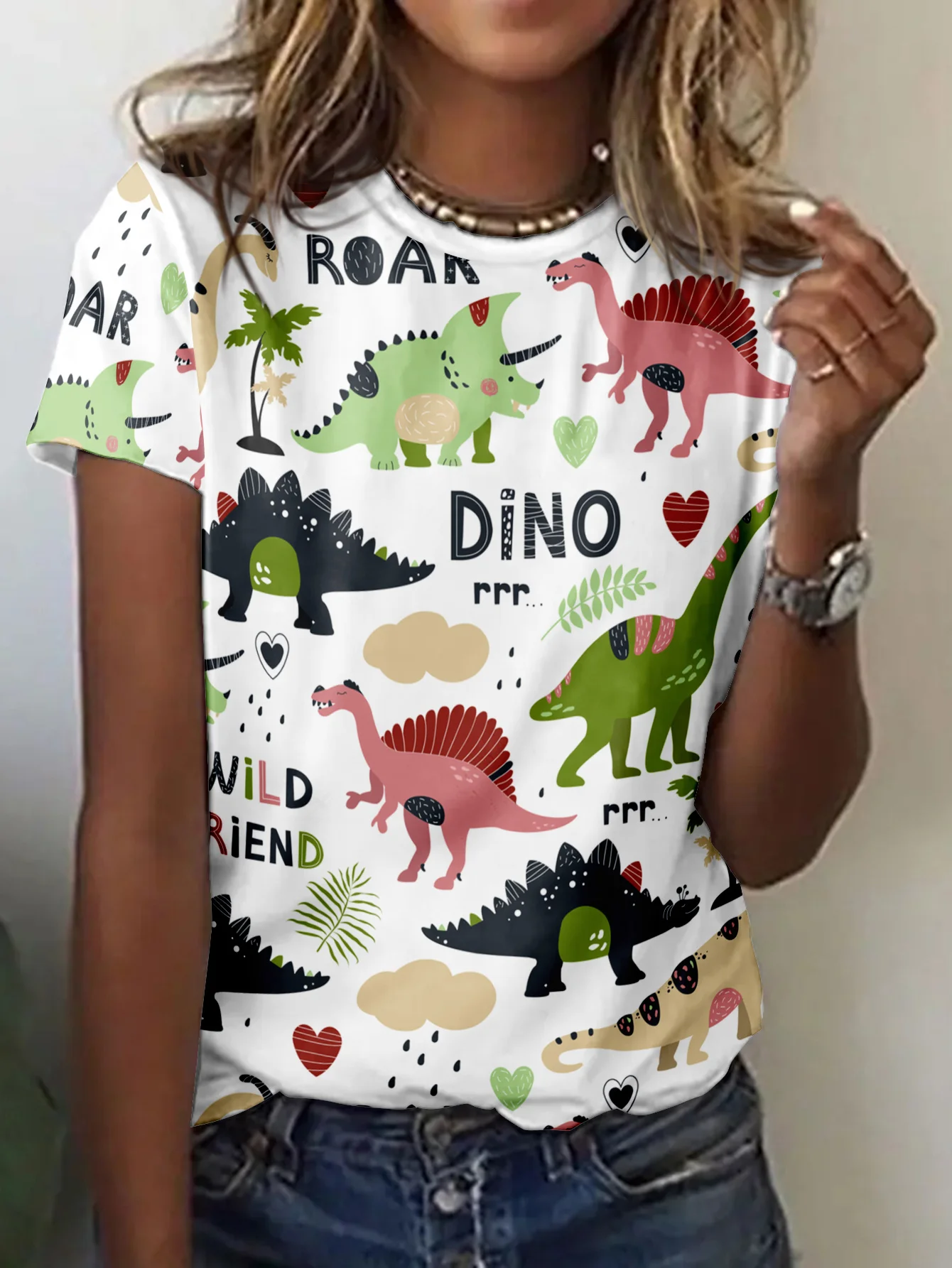 White Dino Women's Tee - Cute Dinosaur & 