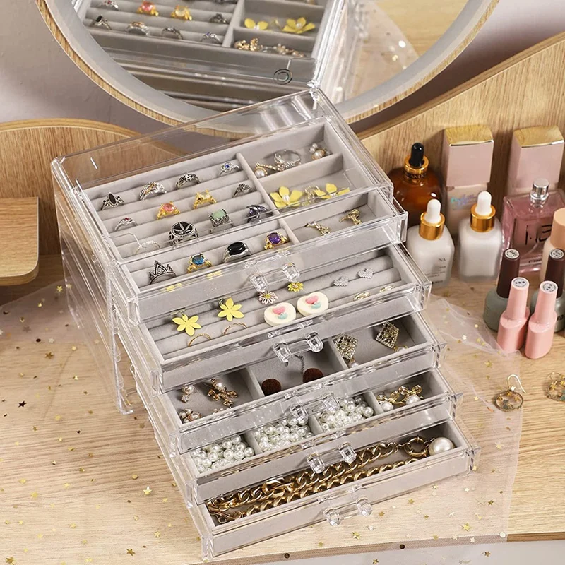 Jewelry Organizer With 5 Drawers Clear Acrylic Jewelry Box Gift Stackable Velvet Earring Display Holder