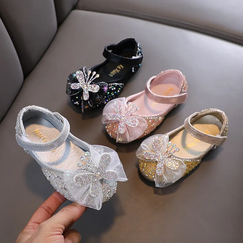 Girls Leather Shoes Spring New Childrens Simple Rhinestone Bowknot Shining Kids Girl Princess Shoes Party Wedding  J27