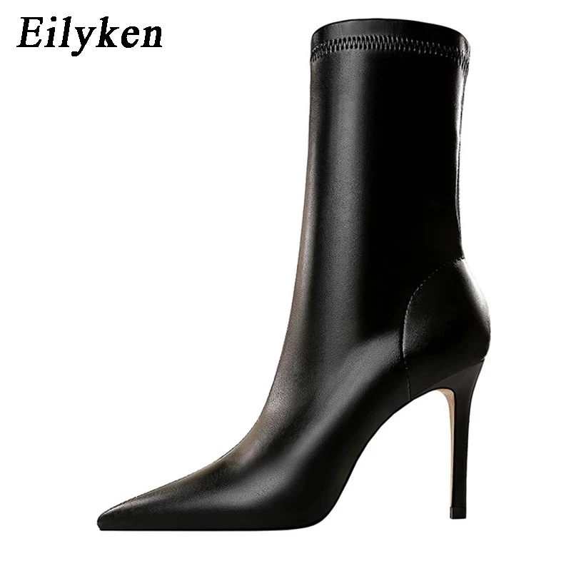 Eilyken Fashion Winter High Quality Soft PU Leather Socks Women Ankle Boots Street Style Pointed Toe Thin Heels Ladies Botines