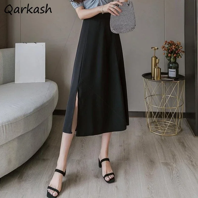 

Skirts Women Mid-calf Side-slit Elegant Retro Spring All-match High Waist Pure Color S-4XL Leisure Feminine Tender New Faldas