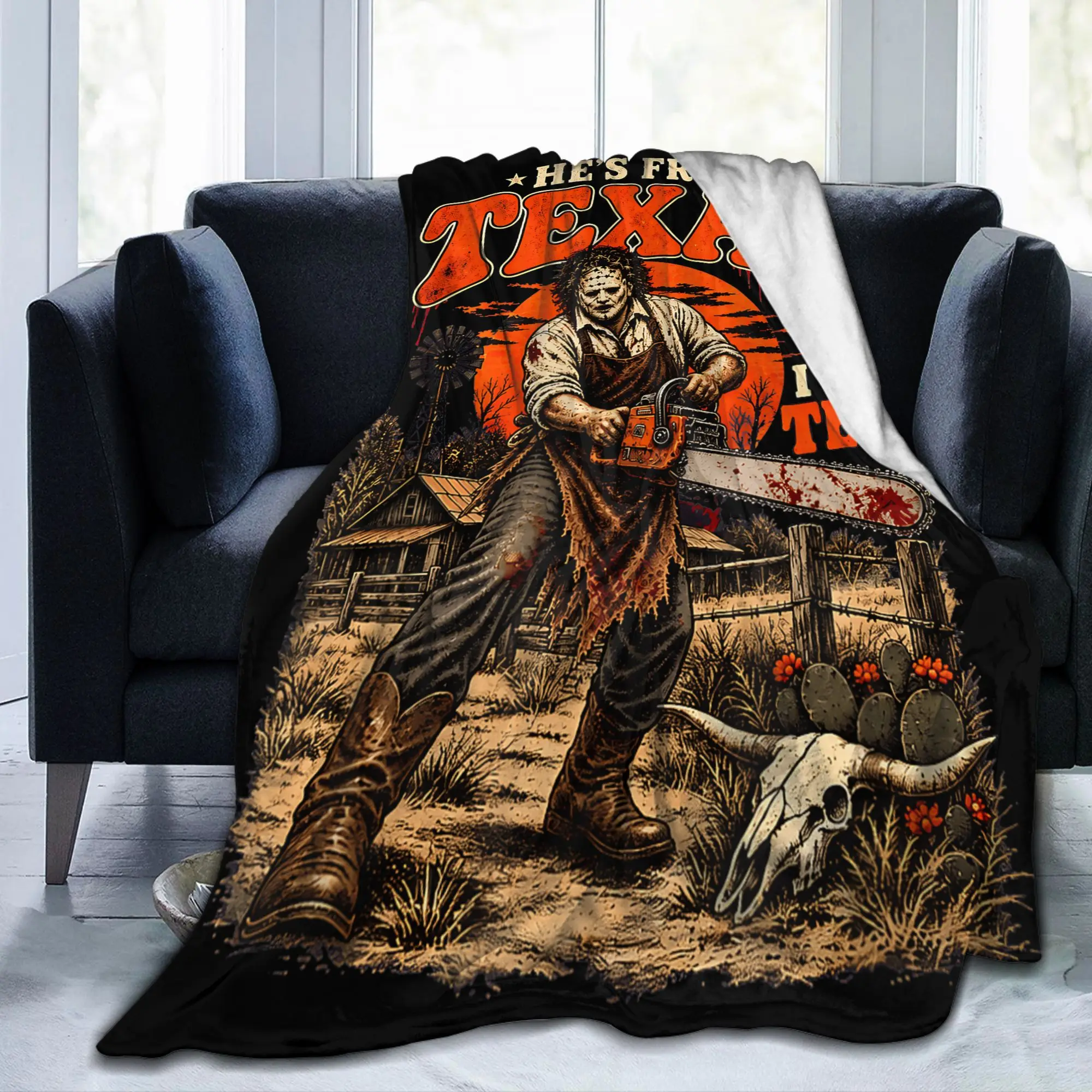 Hes from Texas I Can Tell Chainsaw Blanket Horror Halloween Flannel Bedding Throw Blanket Couch Printed Travel Multifunction