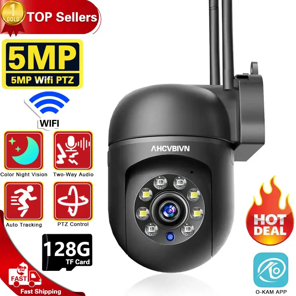 5MP WIFI Surveillance Black IP Camera Auto Tracking Color Night Vision Mini Outdoor Waterpter PTZ IP Security Camera O-Kam APP