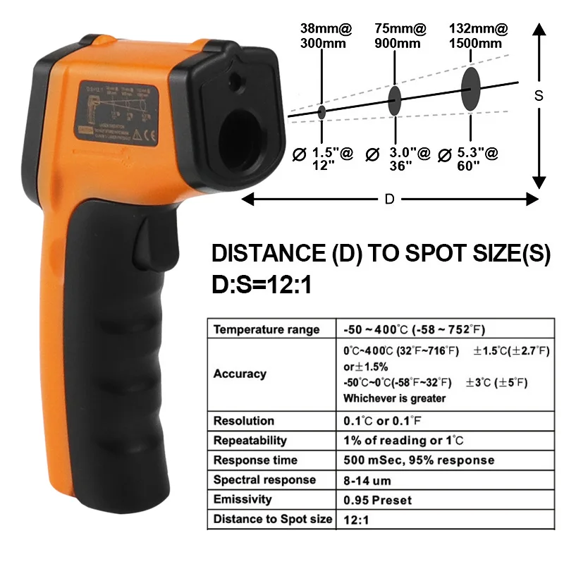 Infrarood Thermometer Non Contact Laser Pyrometer Industriële Digitale Ir Temperatuur Meter Point Gun -50 ~ 400 ℃-58 ~ 752F