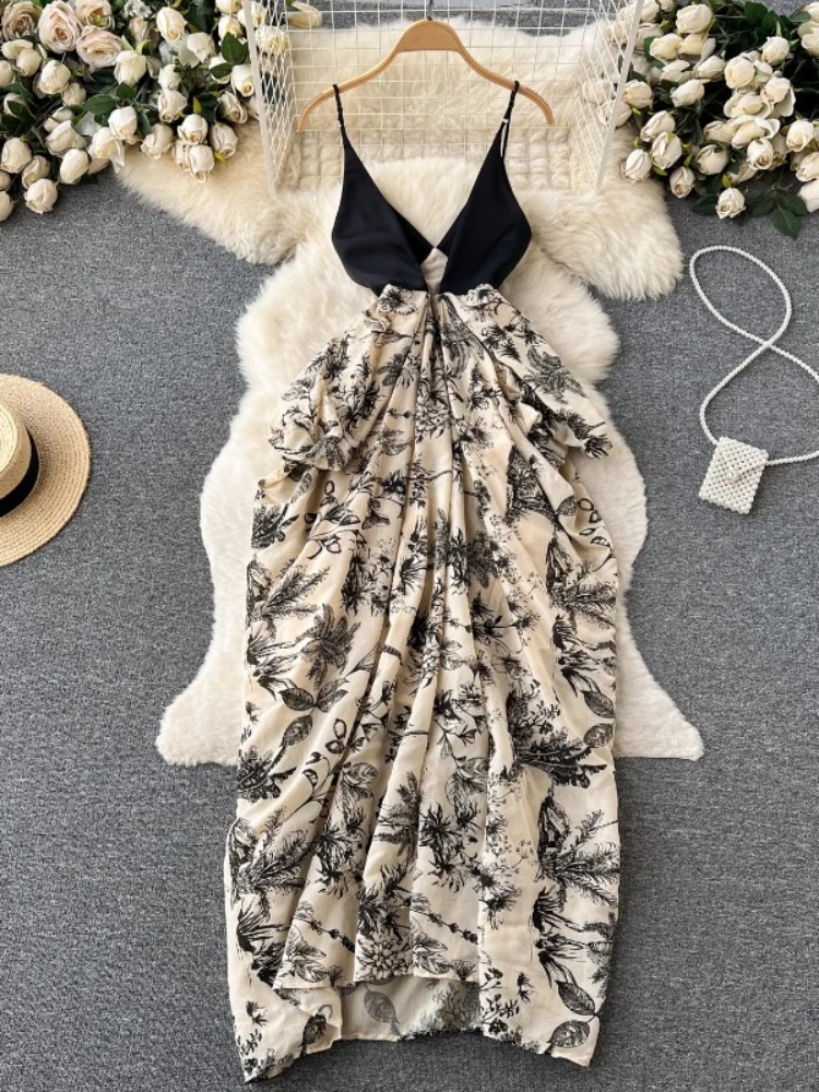 Summer Beach Dress Women Vintage V-neck Patchwork Ink Printed Long Dresses Sexy Backless Elegant Party Dress Long Robe Vestidos