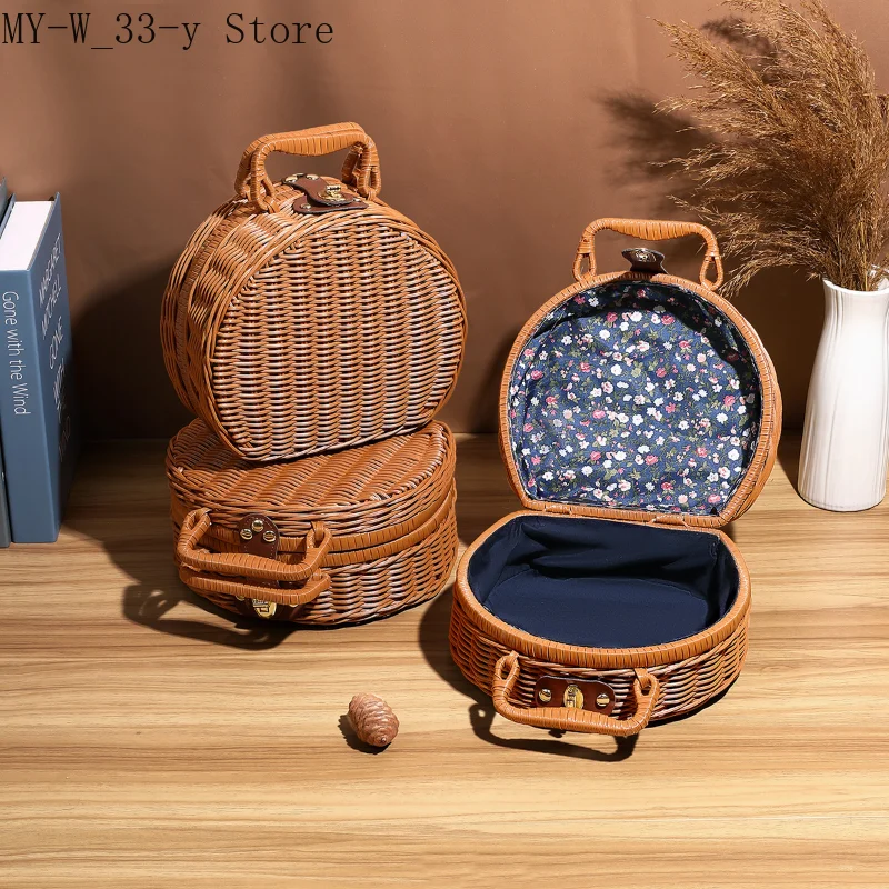 Retro Rattan Suitcase with Hand Gift Box Manual Woven Cosmetic Storage Box Wicker Rattan Picnic Laundry Baskets Home Storage