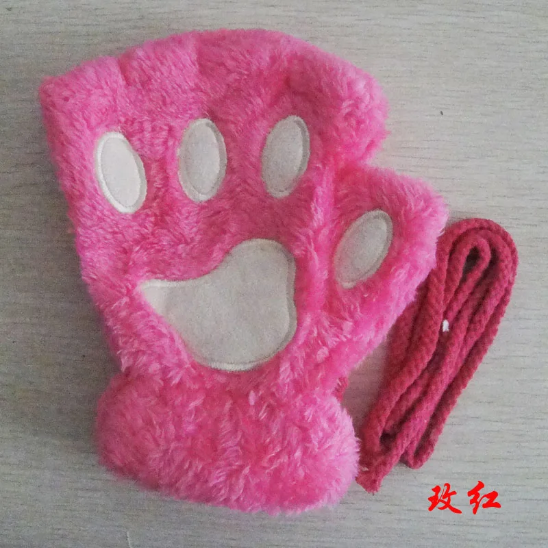 Women Lovely Cartoon Fluffy Bear Cat Claw Paw Mittens Winter Female Half Finger Plush Gloves Ladies Fingerless Warm Gloves G22