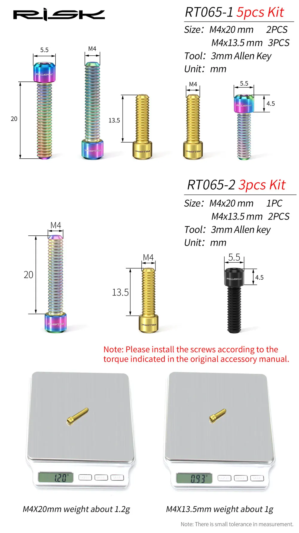 RISK-tornillos de cambio de marchas delanteros y traseros para bicicleta de montaña, tornillo ajustable de titanio, m4x13,5, M4x20mm