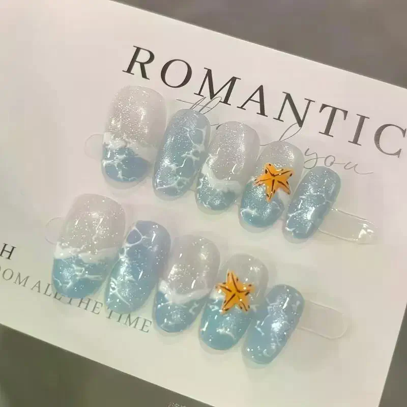 Handmade Press On Nails Summer Wave Ripple Starfish Full Coverage Nail Tips For Women&Girl Detachable Wearable Nail Art
