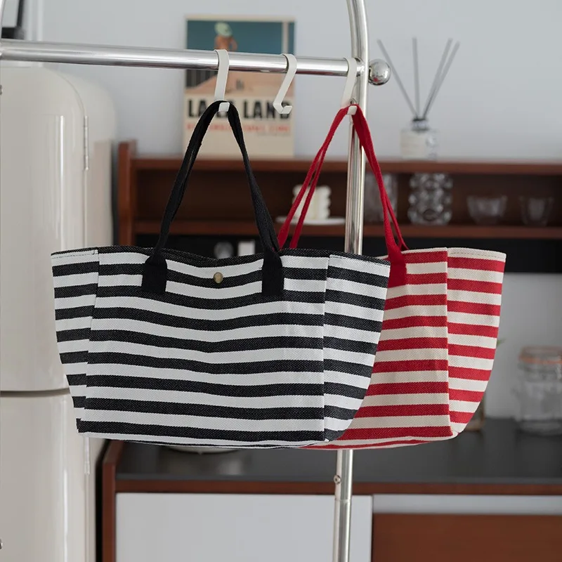 Casual Striped Canvas Bag for Women Large Capacity Shoulder Bag Daily Shopping Totes Student Bookbag for School Travel Beach Bag