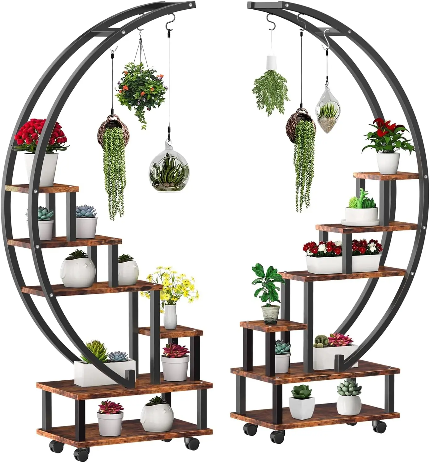 2 Pcs 6 Tier Tall Metal Indoor Plant Stand With Detachable Wheels, Half-Moon-Shaped Plant Shelf Holder For Outdoor Clearance,