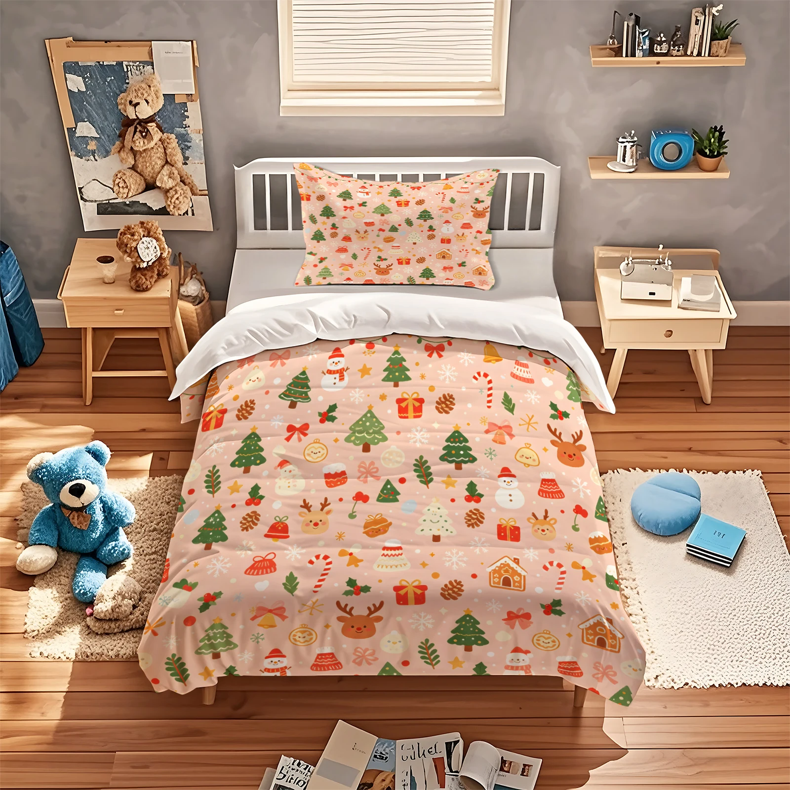 Christmas New Year Duvet Cover Set Pink Cute Christmas Tree Reindeer Snowman Print Bedding Set Soft Bed Linen with Pillowcases
